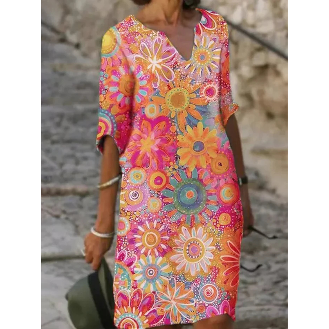 Vestido de Verano Floral de Mujer con Escote en V y Manga Corta | Mini