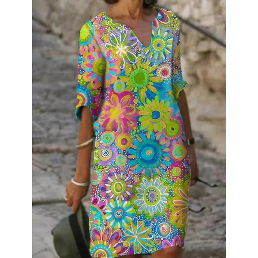 Vestido de Verano Floral de Mujer con Escote en V y Manga Corta | Mini